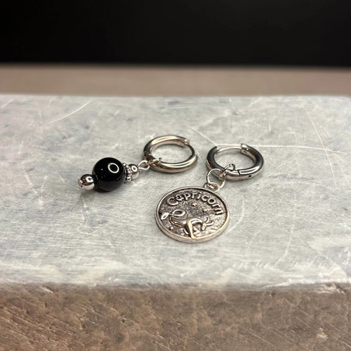 Argentées - Boucles d'oreilles astros - Capricorne et Pierre d'Obsidienne