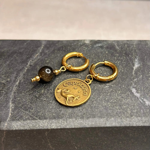 Dorées - Boucles d'oreilles astros - Capricorne et Pierre d'Obsidienne