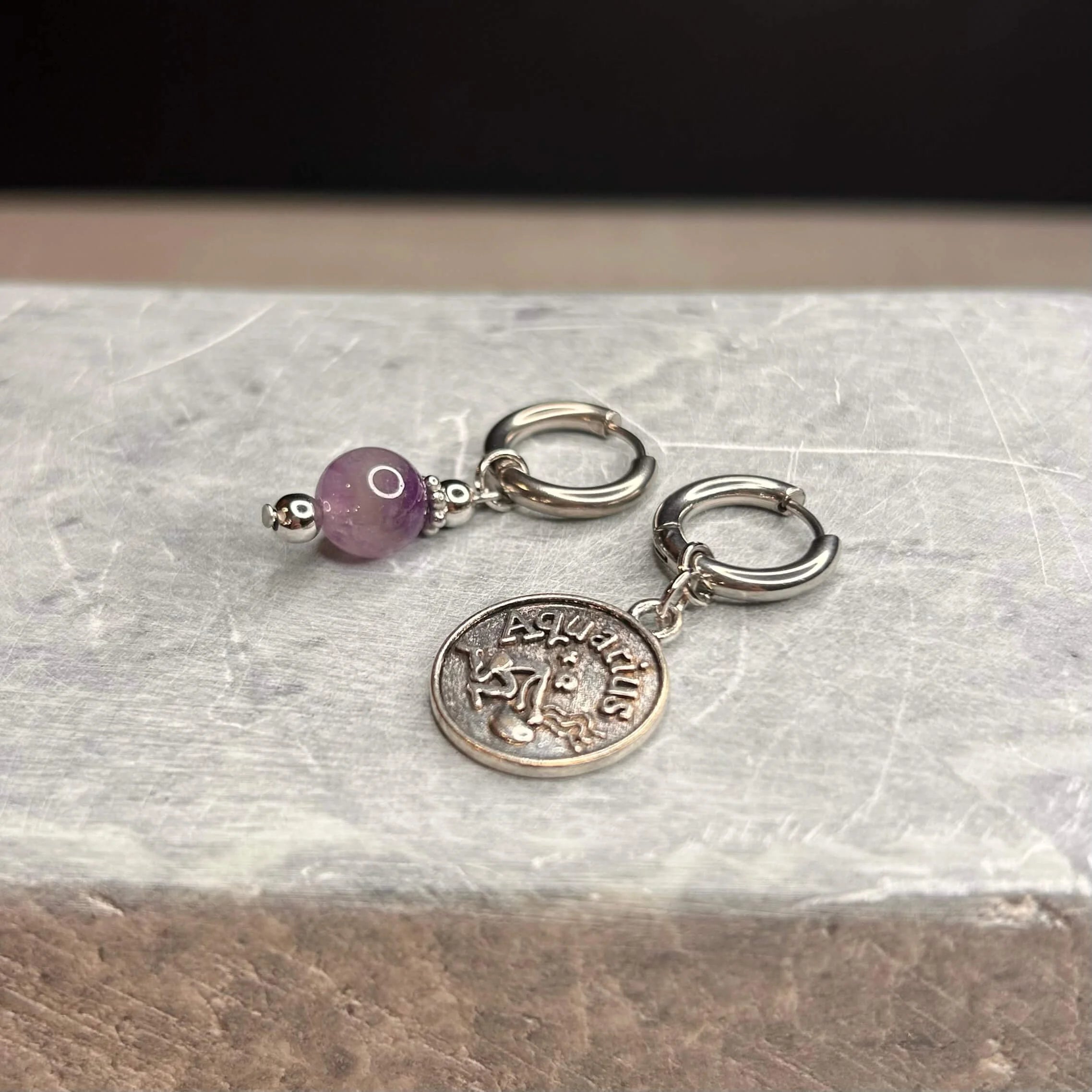 Argentées - Boucles d'oreilles astros - Verseau et Pierre d'Améthyste