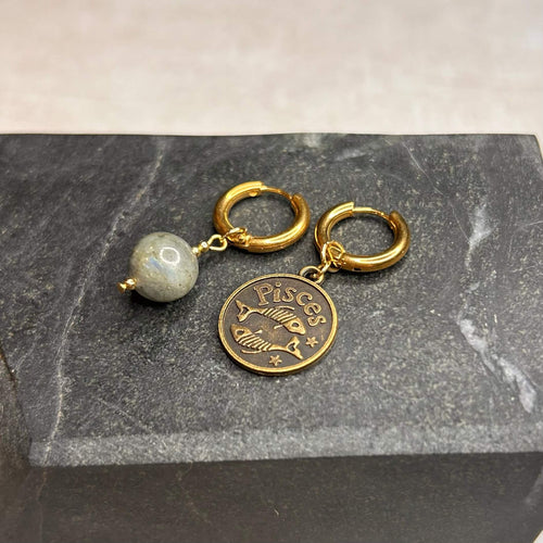 Dorées - Boucles d'oreilles astros - POISSON et pierre de Labradorite