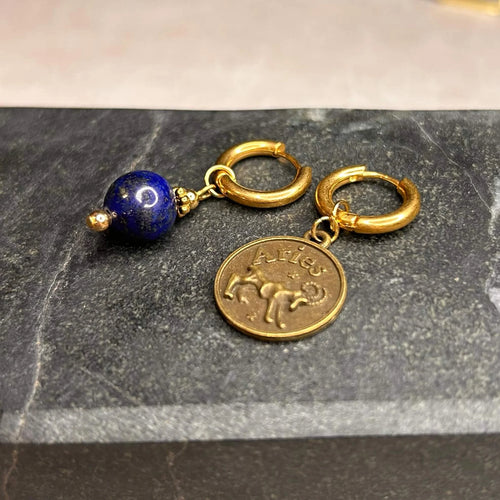 Dorées - Boucles d'oreilles astros - BÉLIER et pierre de lapis lazuli