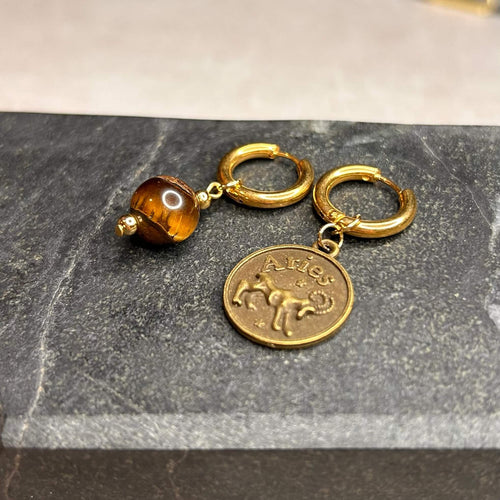 Dorées - Boucles d'oreilles astros - BÉLIER et pierre d'œil de tigre