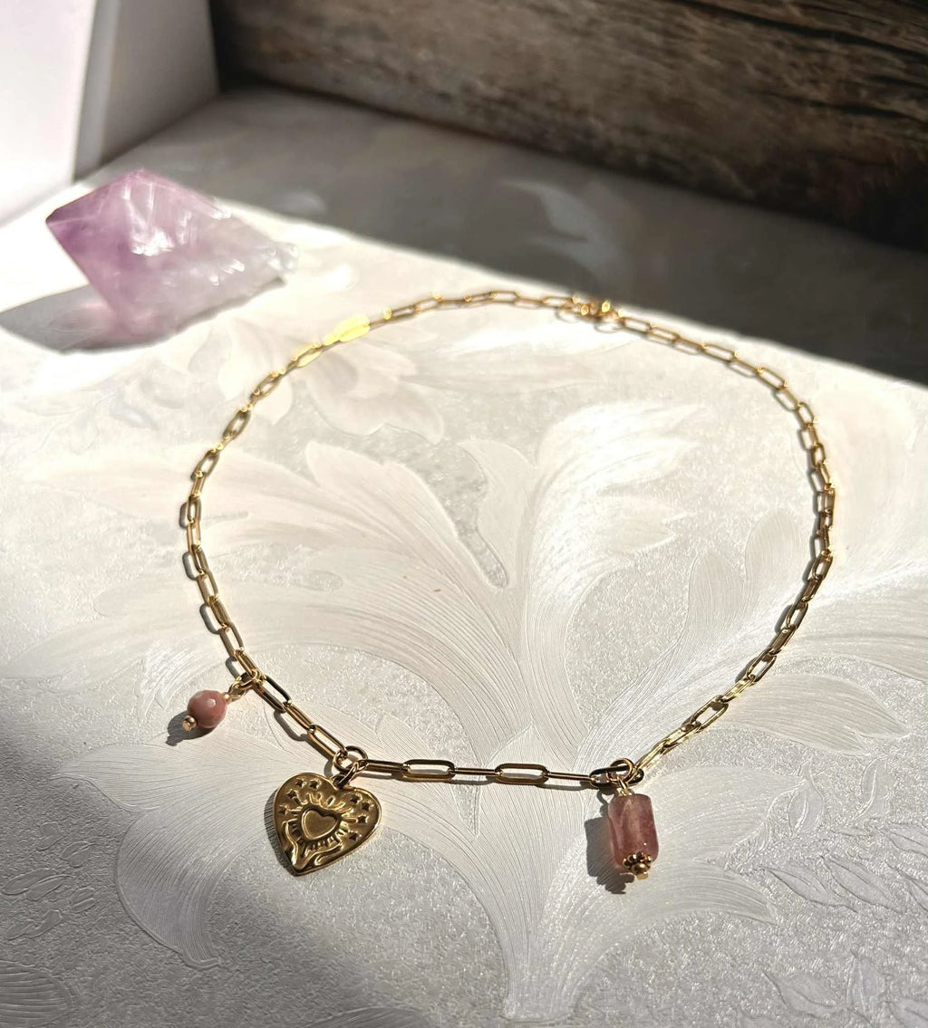Collier charms ◦ Rhodonite et Quartz fraise