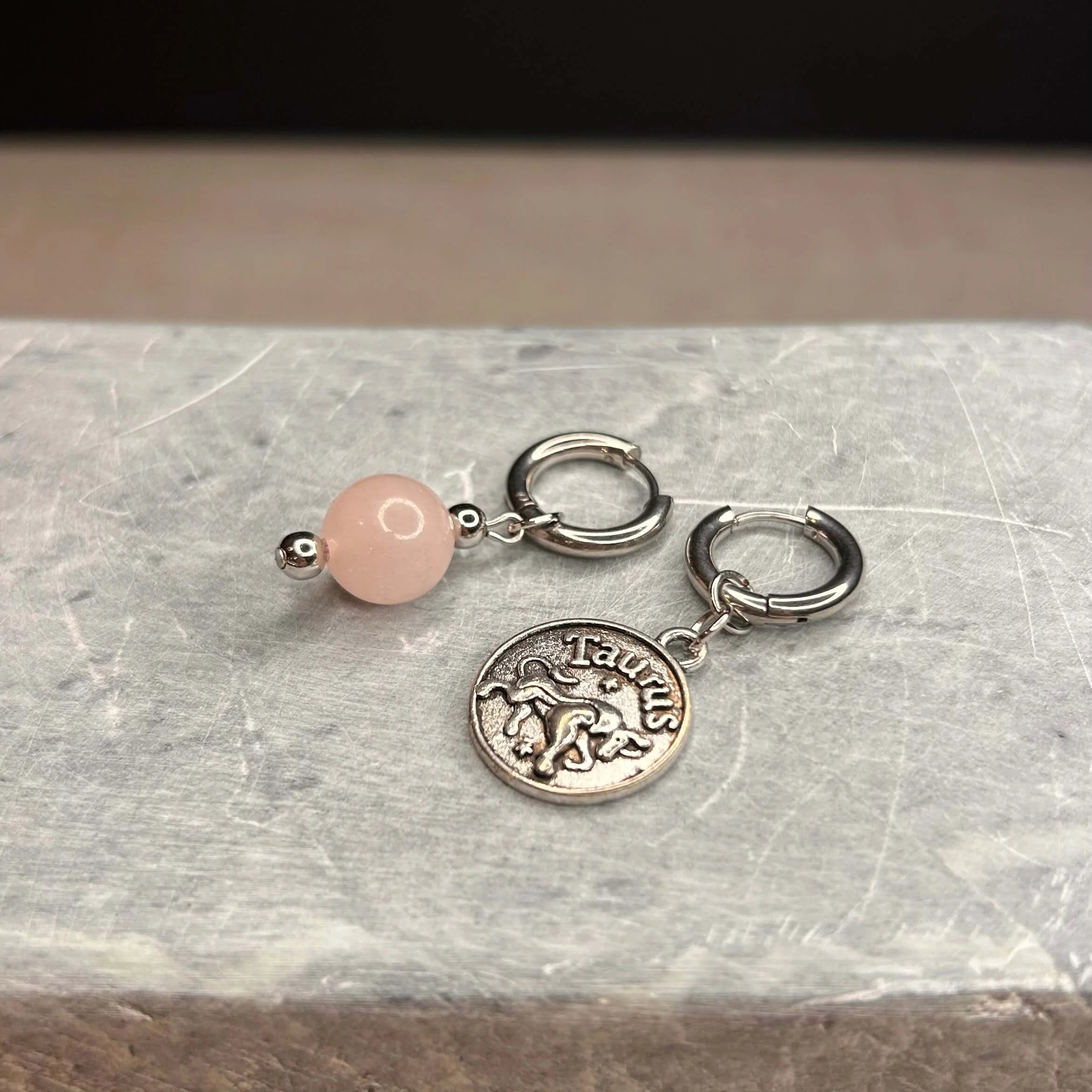 Argentées - Boucles d'oreilles astros - TAUREAU pierre de quartz rose