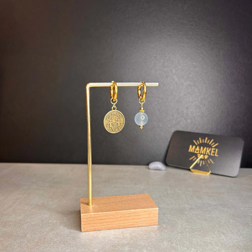 Dorées - Boucles d'oreilles astros - GÉMEAUX et pierre de jade bleu