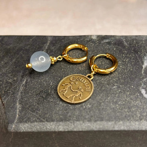 Dorées - Boucles d'oreilles astros - GÉMEAUX et pierre de jade bleu