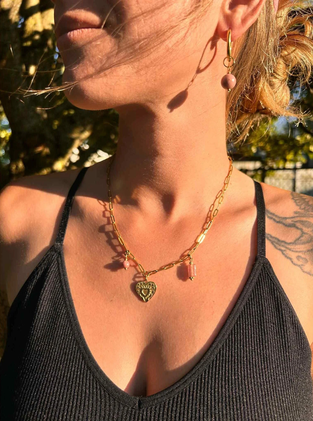 Collier charms ◦ Rhodonite et Quartz fraise