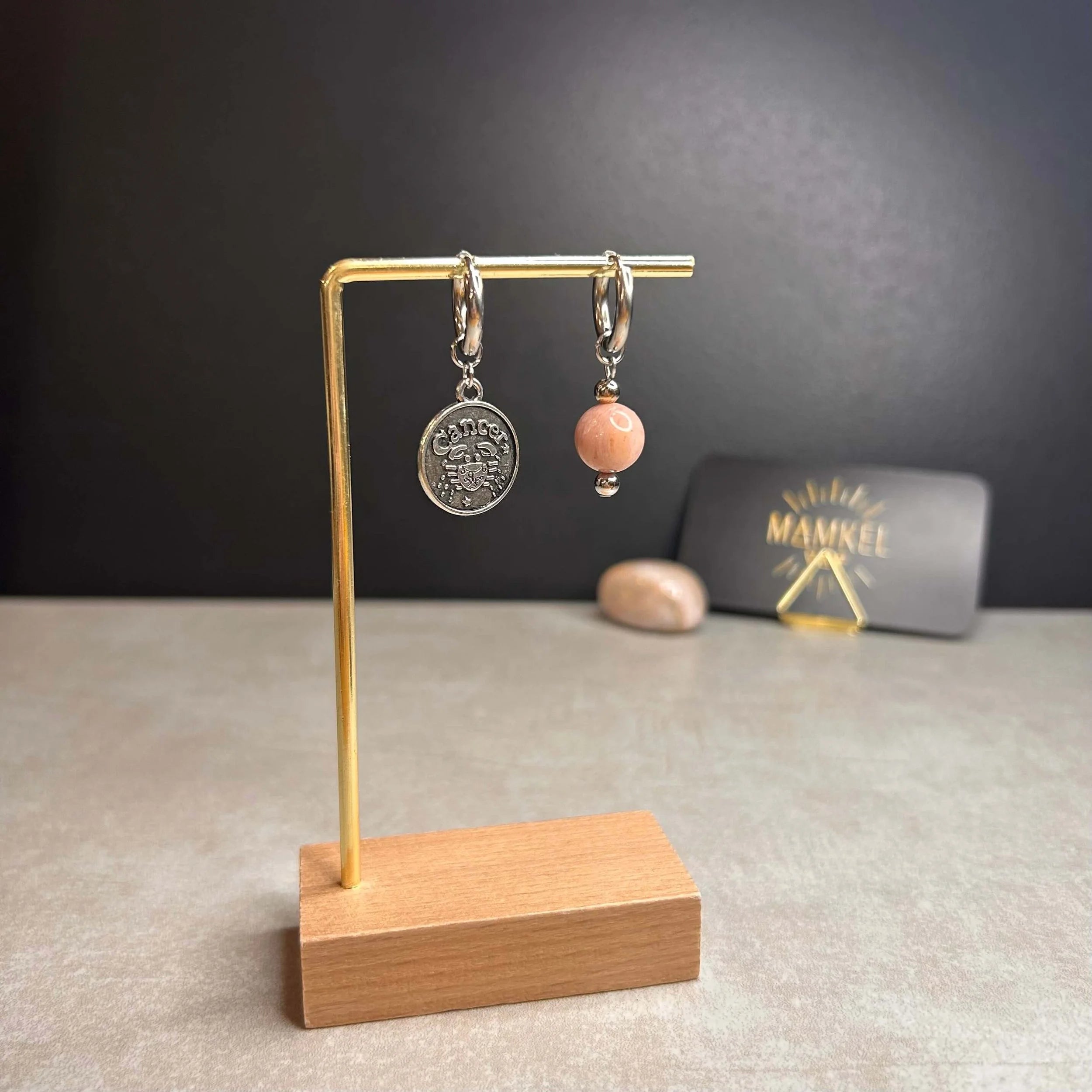 Argentées - Boucles d'oreilles astros - CANCER et pierre de Rhodonite