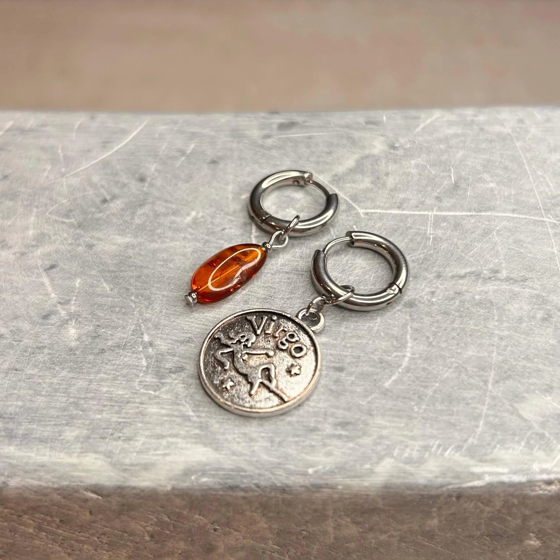 Argentée - Boucles d'oreilles astros - Vierge et Pierre d'Ambre