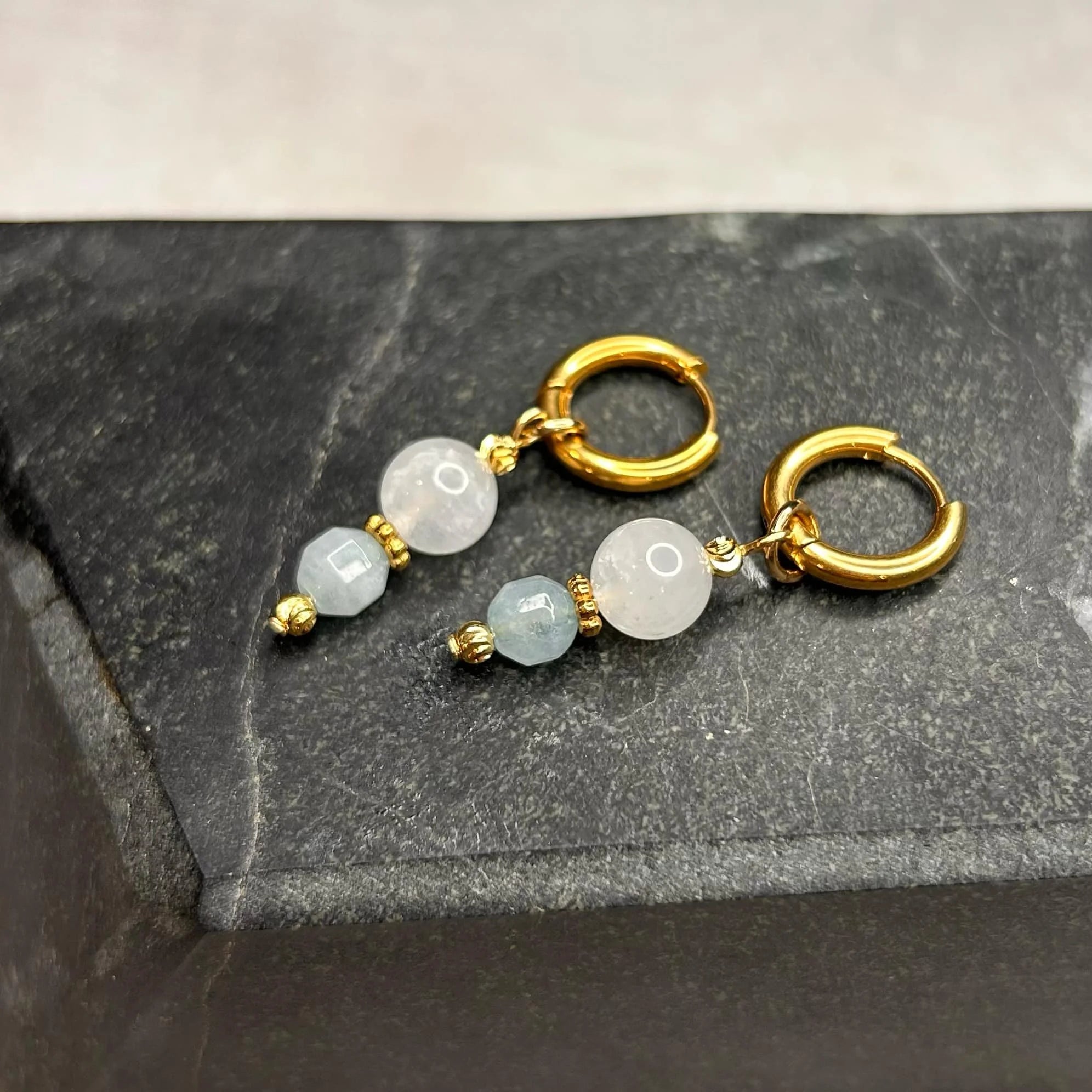 Boucles d’oreilles ◦ Vishuddha ◦ Aigue-marine et quartz blanc