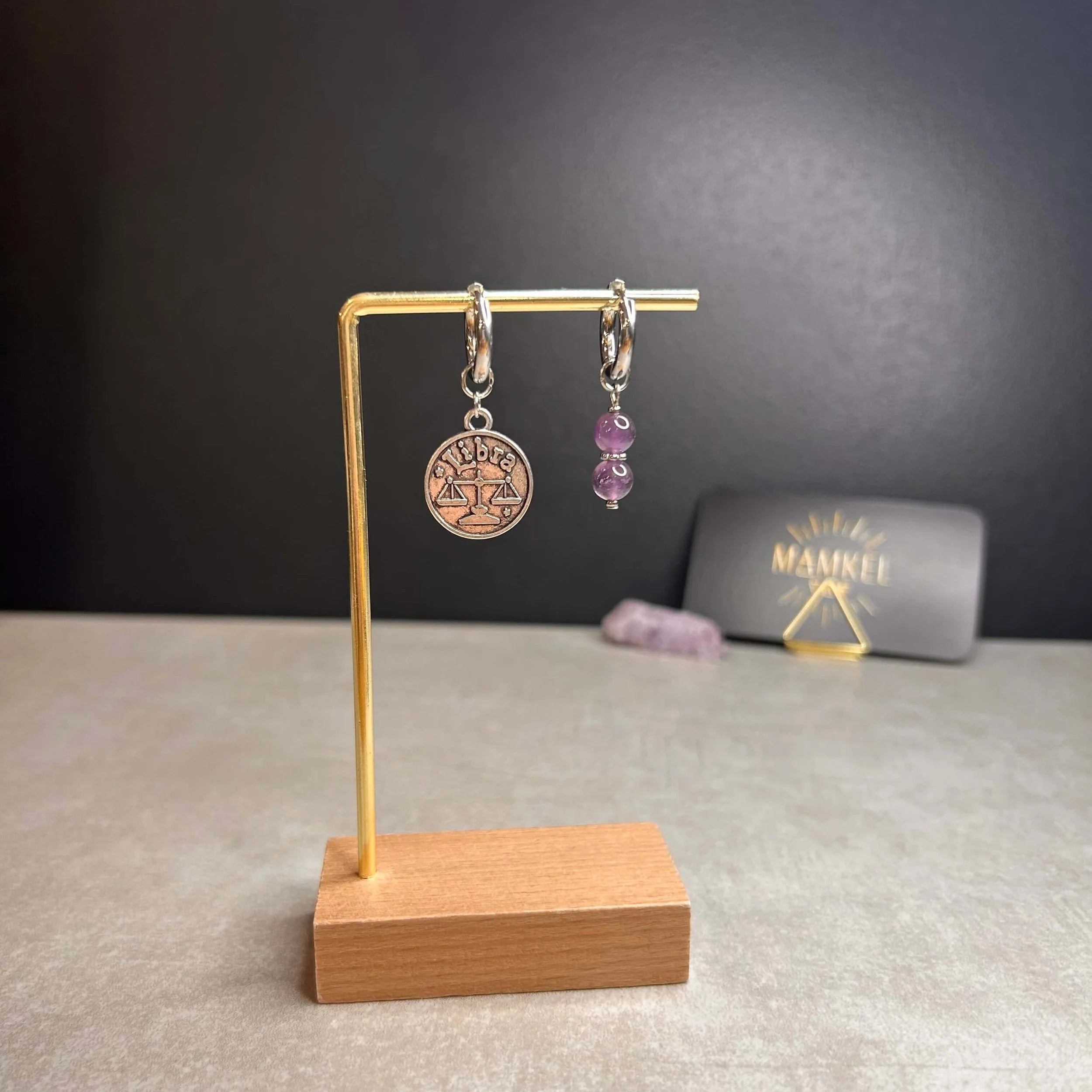 Argentées - Boucles d'oreilles astros - Balance et Pierre d'Améthyste