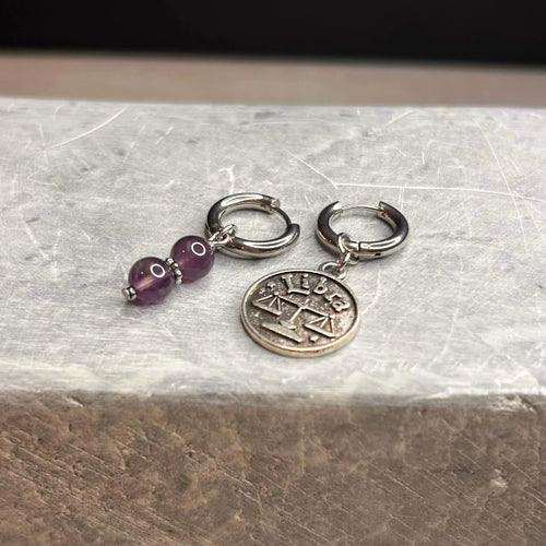 Argentées - Boucles d'oreilles astros - Balance et Pierre d'Améthyste