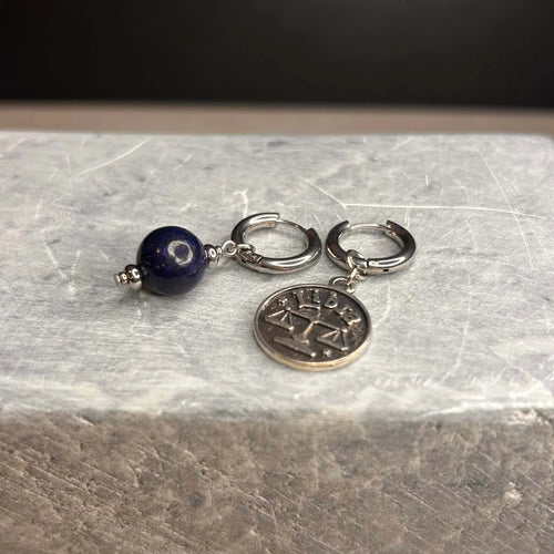 Argentées - Boucles d'oreilles astros - Balance et Pierre de Lapis Lazuli