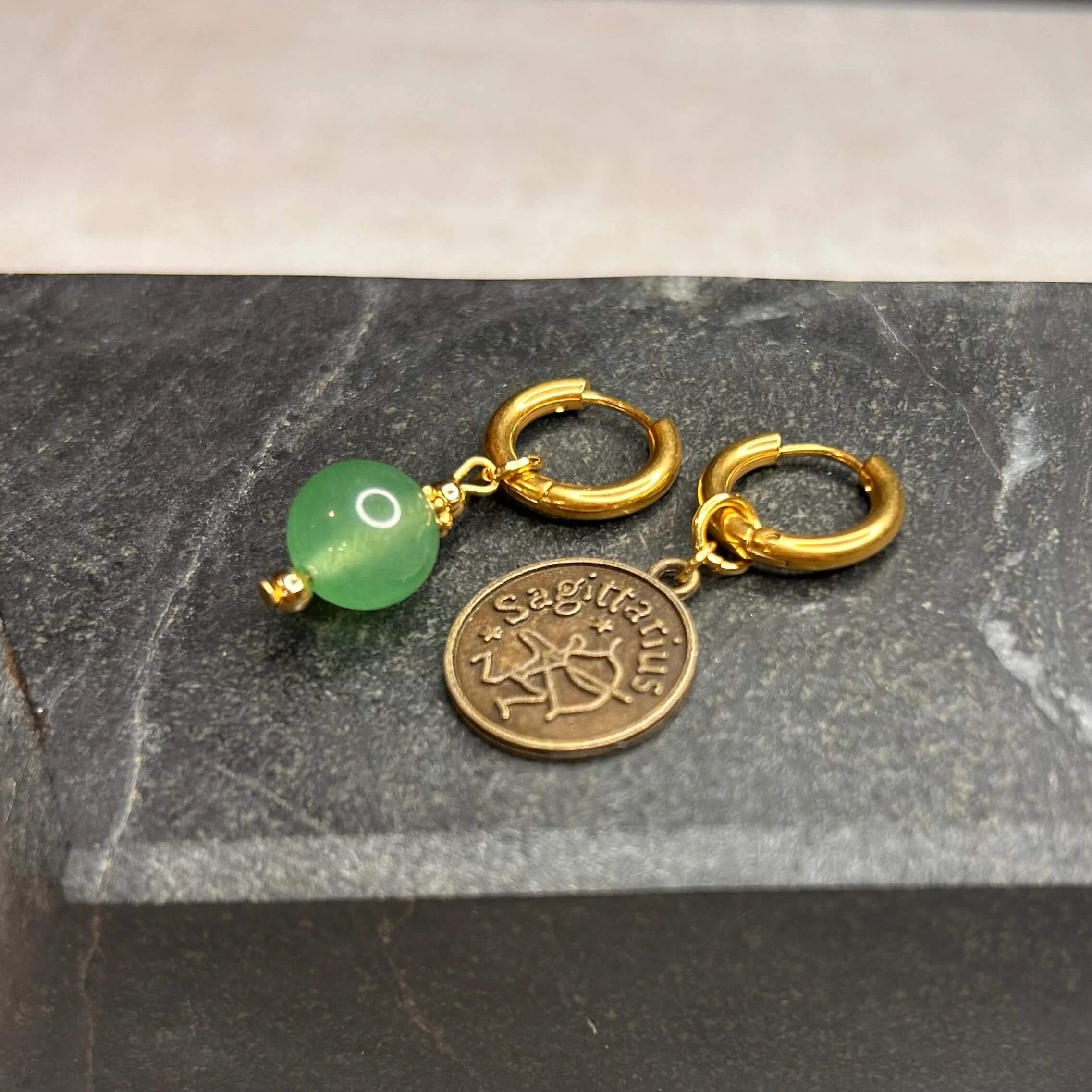 Dorées - Boucles d'oreilles astros - Sagittaire et Pierre d'Aventurine