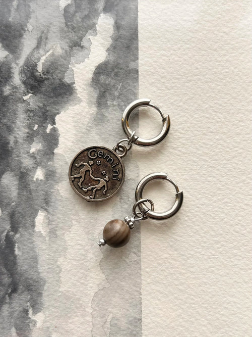 Argentées - Boucles d'oreilles astros -  GÉMEAUX et pierre d'agate