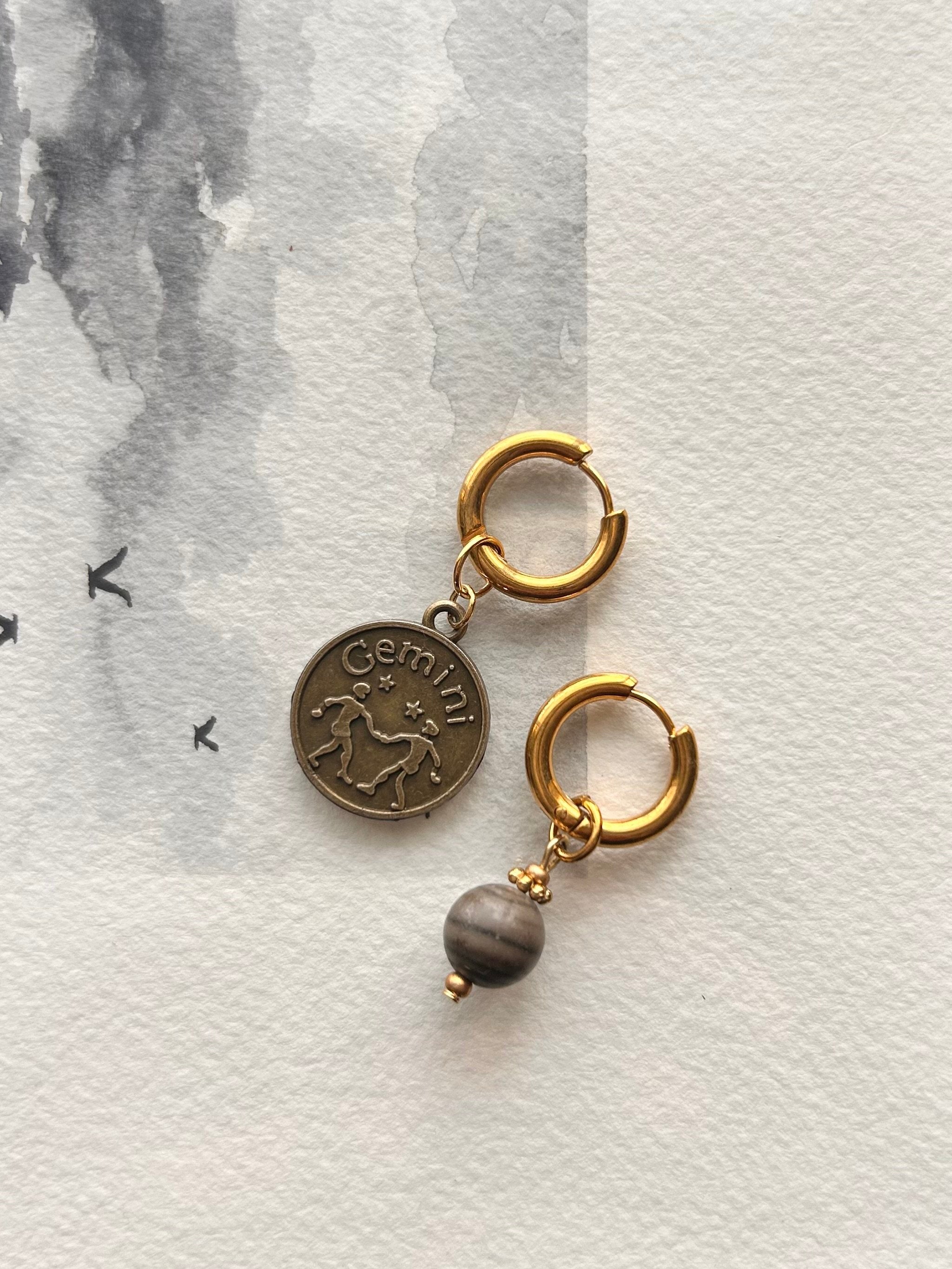 Dorées - Boucles d'oreilles astros - GÉMEAUX et pierre d'agate