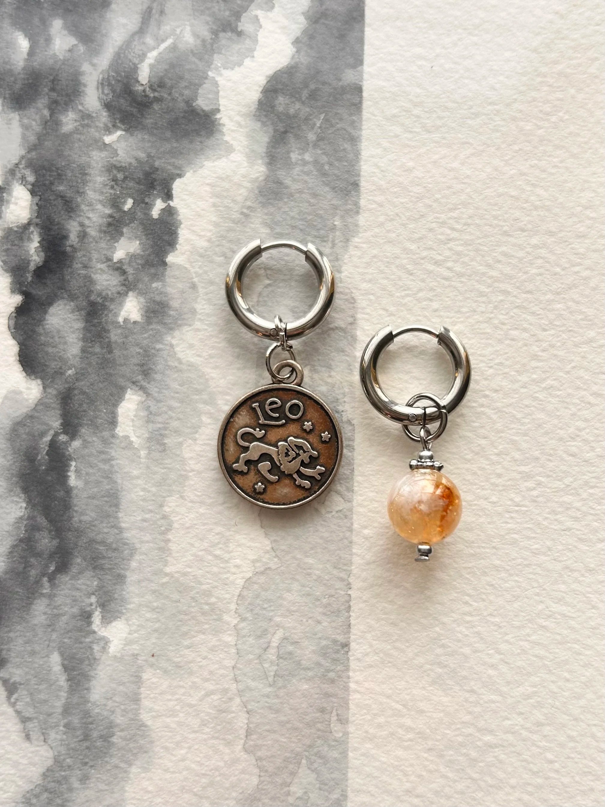 Argentées - Boucles d'oreilles astros - Lion et Pierre de Citrine