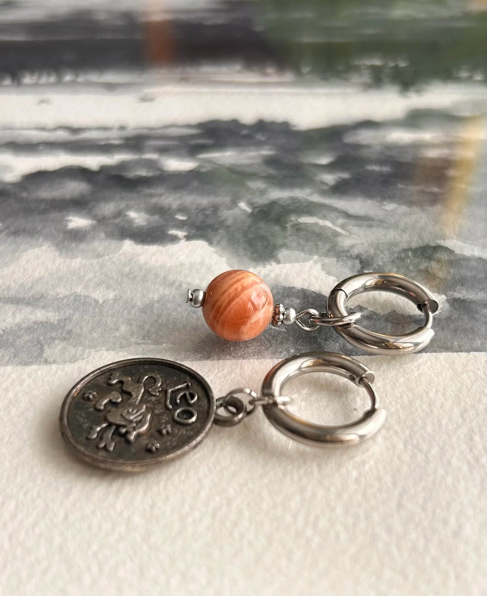 Argentées - Boucles d'oreilles astros - Lion et Pierre de soleil