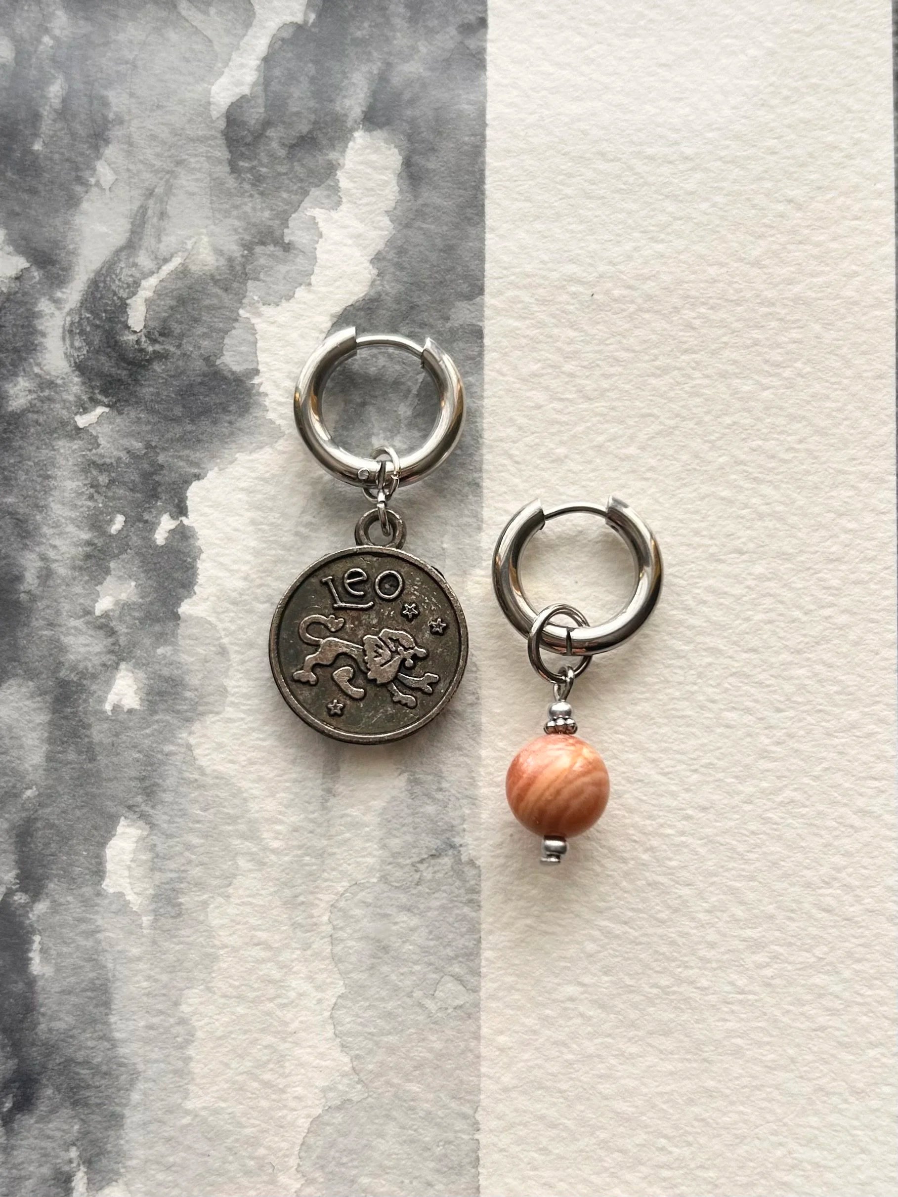 Argentées - Boucles d'oreilles astros - Lion et Pierre de soleil