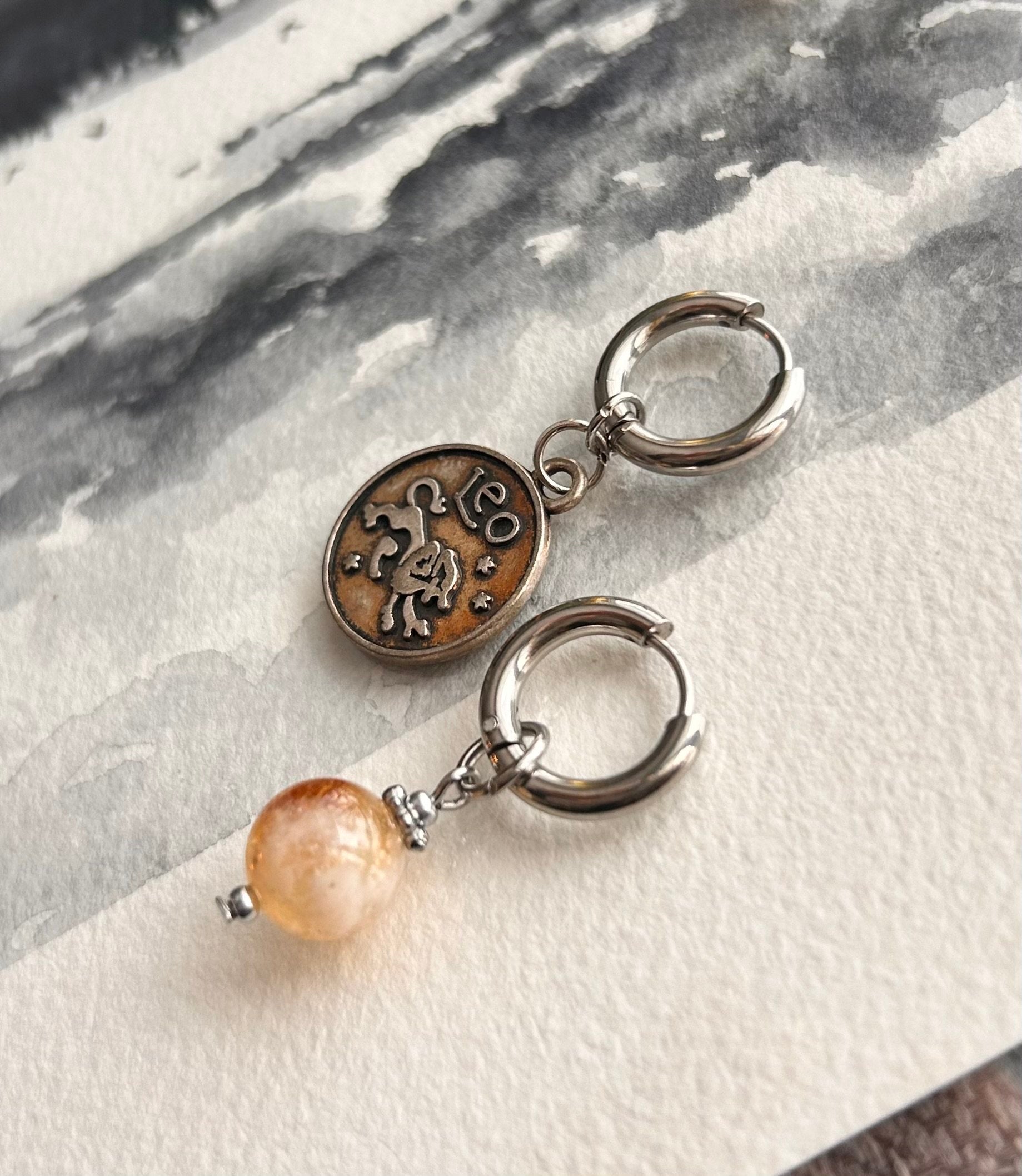 Argentées - Boucles d'oreilles astros - Lion et Pierre de Citrine